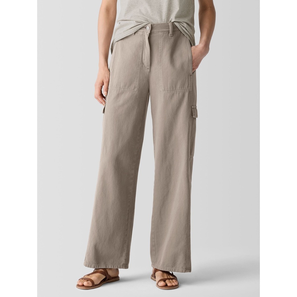 Eileen Fisher Garment Dyed Utility Organic Cotton Cargo Pants Wide Leg L
